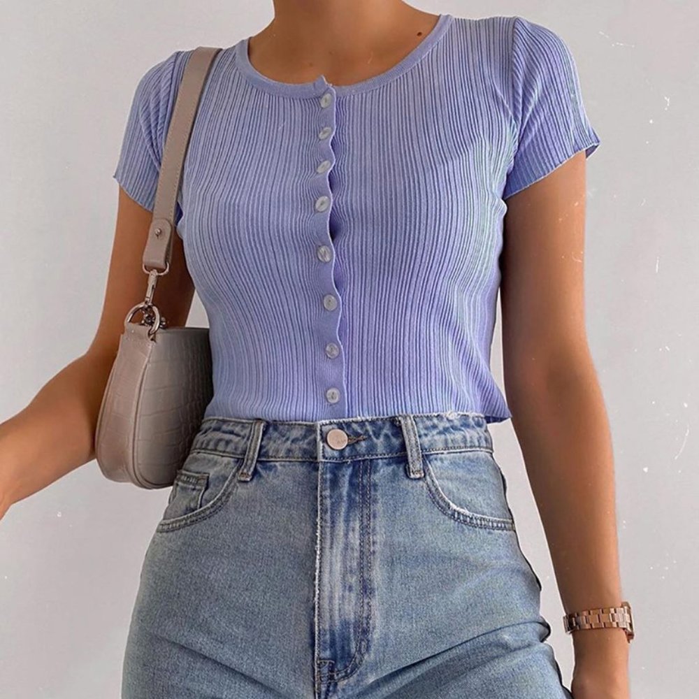 Short Sleeve Button Crop Top